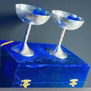 VTG Silver Plated Toasting Chalice Pair NIOB Heirloom Goblets Velvet Gift Box